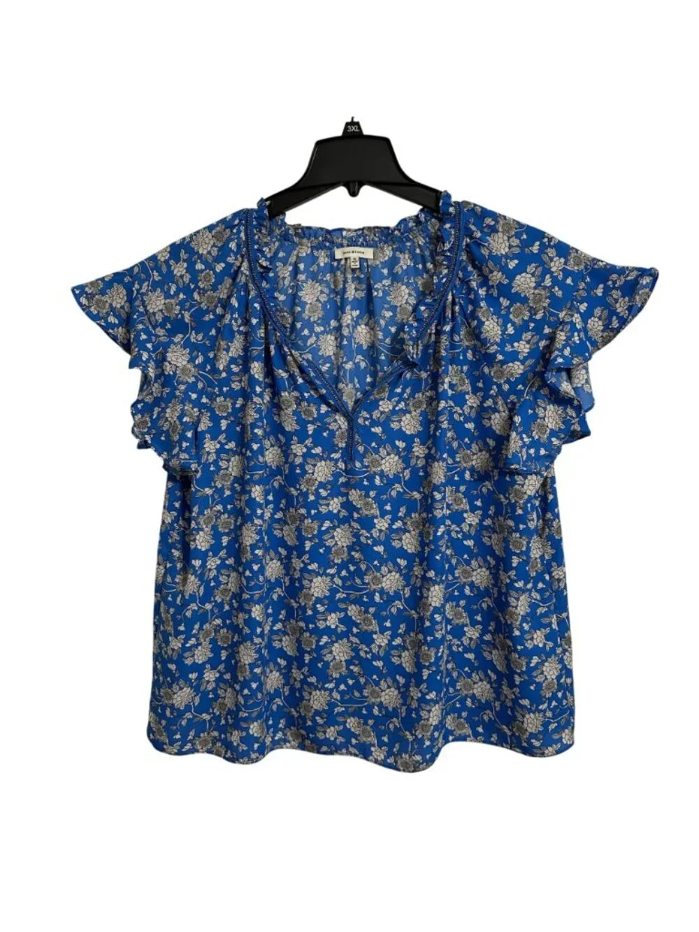 Max Studio Dark Blue Floral Flutter Sleeve Womens 1XL Blouse Fairy Summer - Picture 2 of 9